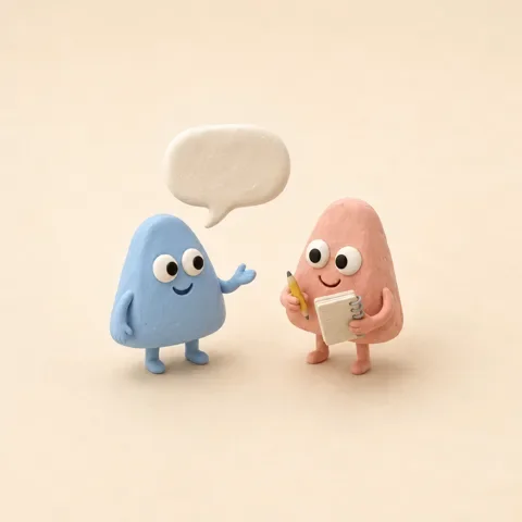 クレイ細工のイラスト:水色のAlgoくんの話を、桃色のAlgoくんがメモを取りながら聞いている