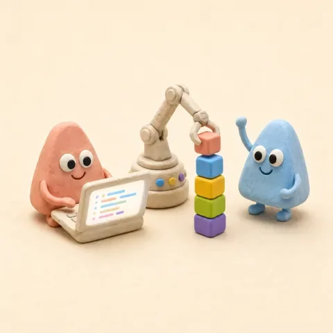 クレイ細工のイラスト:桃色のAlgoくんがノートPCで開発し、ロボットアームがブロックを積み上げ、水色のAlgoくんが見守っている