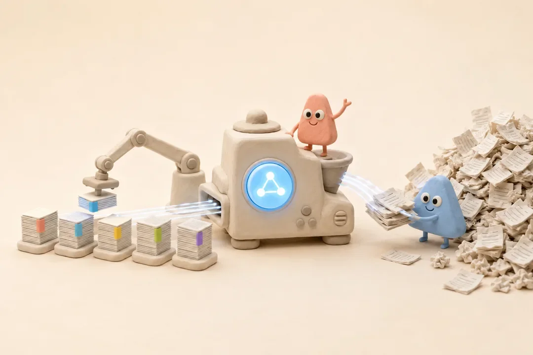 クレイ細工のイラスト:水色のAlgoくんが渡した乱雑な書類を、光るAIボタン付きの機械とロボットアームが色タブ付きの整った山に仕分けている